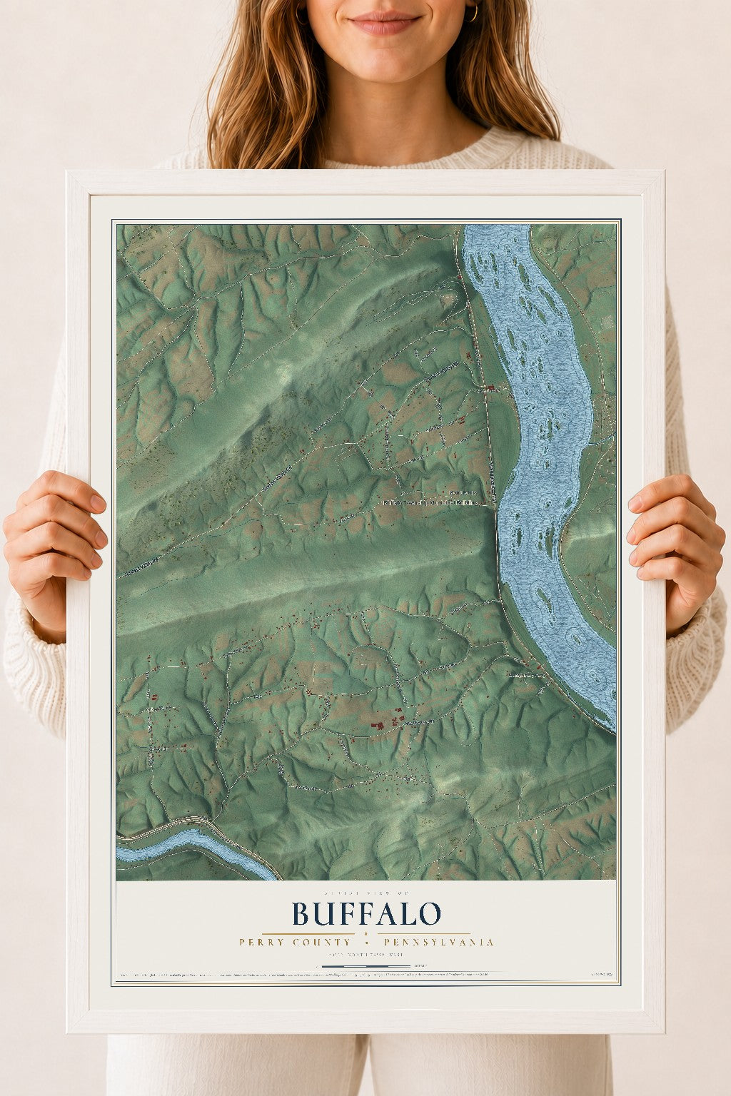 Map of Buffalo, Perry County, Pennsylvania, 18 x 24 inch print in a white wood frame