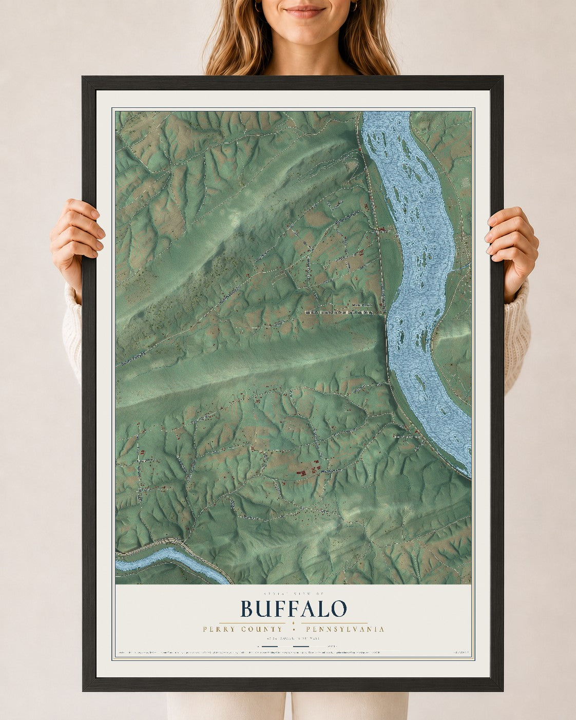 Map of Buffalo, Perry County, Pennsylvania, 24 x 36 inch print in a black wood frame