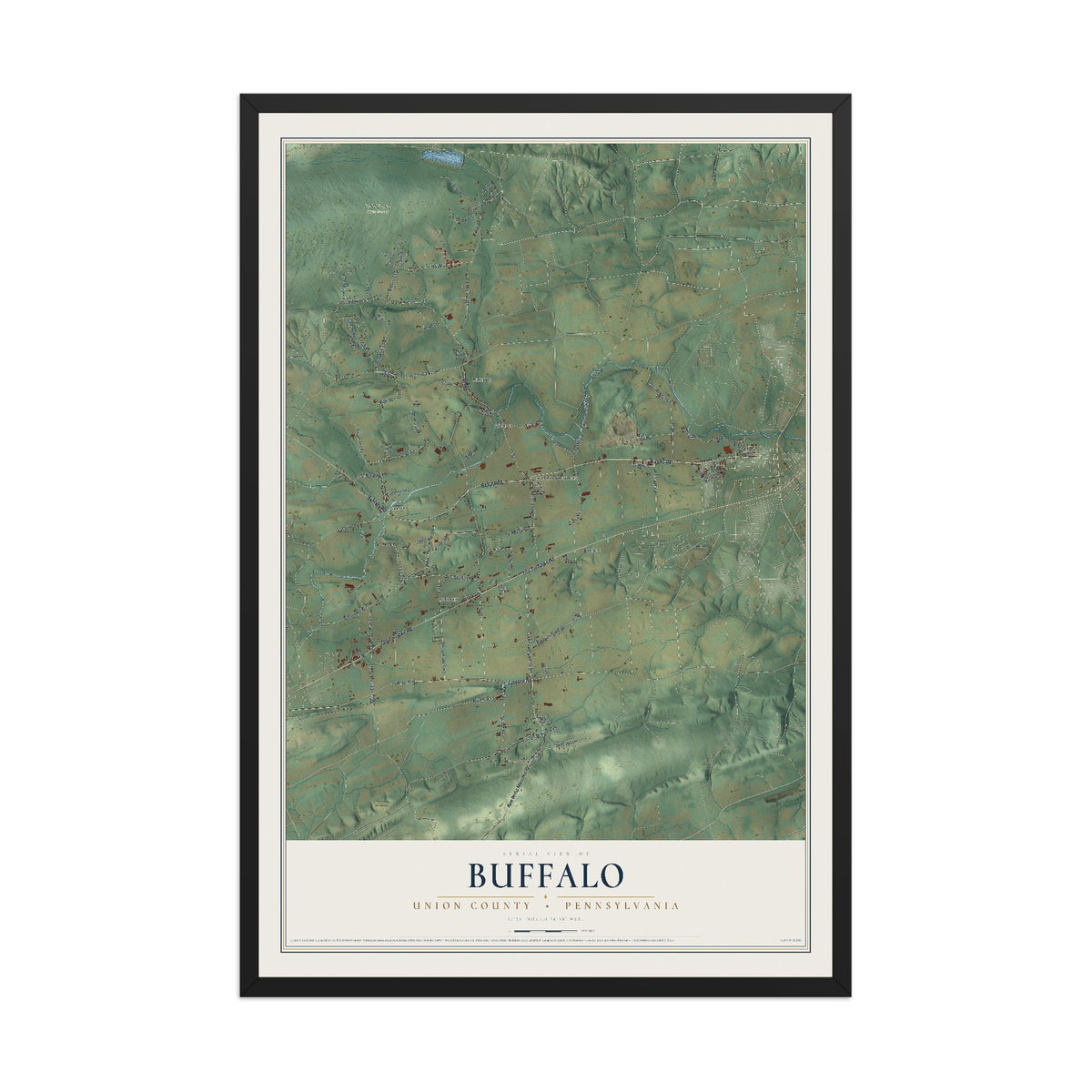 Map of Buffalo, Union County, Pennsylvania, 12 x 18 inch print in a black wood frame