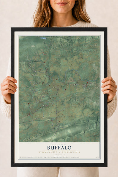 Map of Buffalo, Union County, Pennsylvania, 18 x 24 inch print in a black wood frame