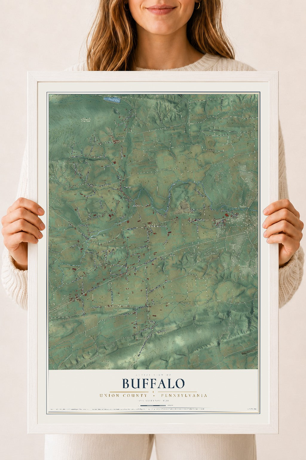 Map of Buffalo, Union County, Pennsylvania, 18 x 24 inch print in a white wood frame