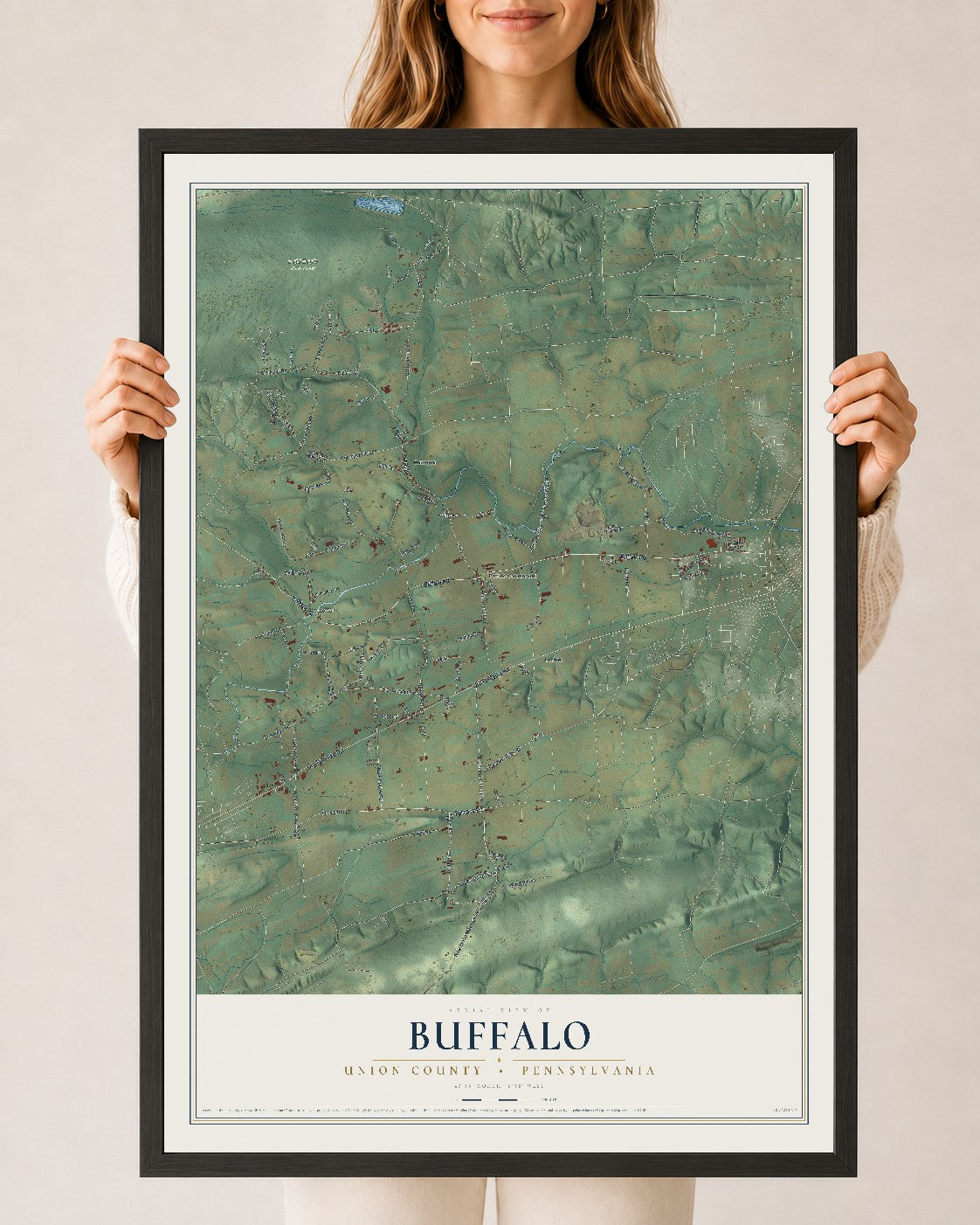 Map of Buffalo, Union County, Pennsylvania, 24 x 36 inch print in a black wood frame