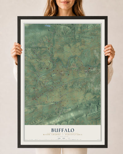 Map of Buffalo, Union County, Pennsylvania, 24 x 36 inch print in a black wood frame