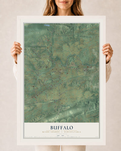 Map of Buffalo, Union County, Pennsylvania, 24 x 36 inch print in a white wood frame