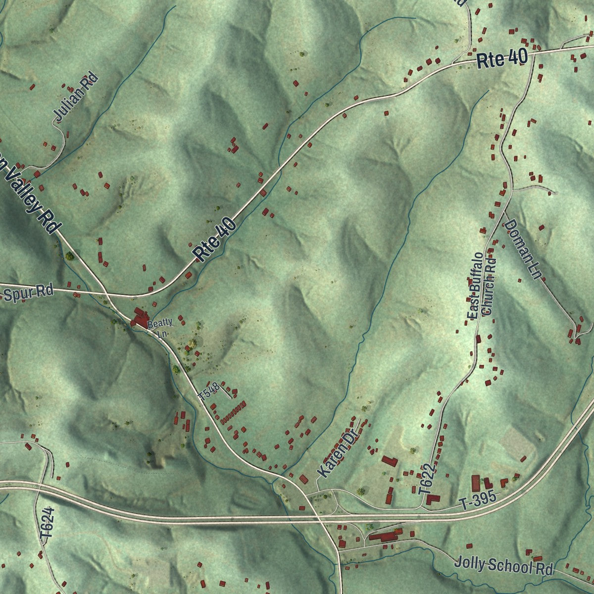 Close-up of the map of Buffalo, Washington County, Pennsylvania print showing street and building detail