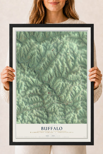 Map of Buffalo, Washington County, Pennsylvania, 18 x 24 inch print in a black wood frame