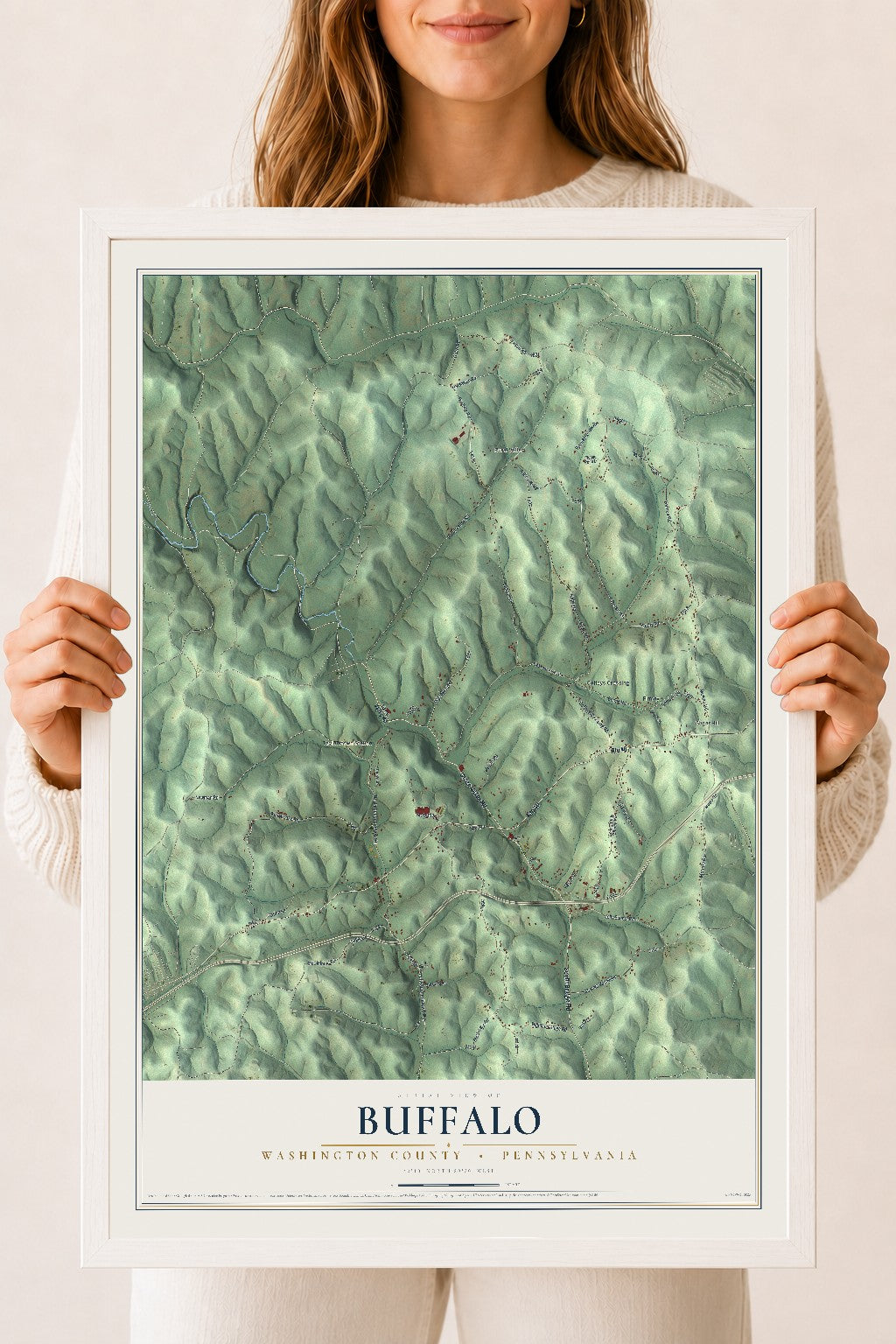 Map of Buffalo, Washington County, Pennsylvania, 18 x 24 inch print in a white wood frame