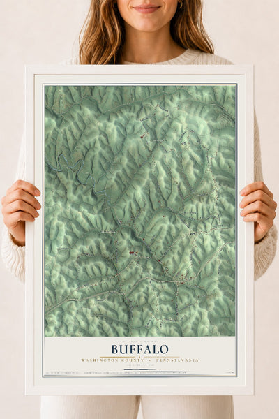 Map of Buffalo, Washington County, Pennsylvania, 18 x 24 inch print in a white wood frame