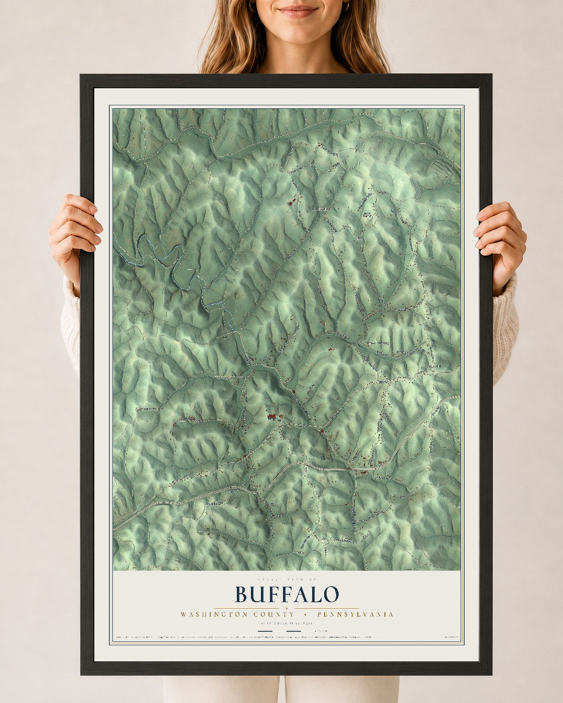 Map of Buffalo, Washington County, Pennsylvania, 24 x 36 inch print in a black wood frame