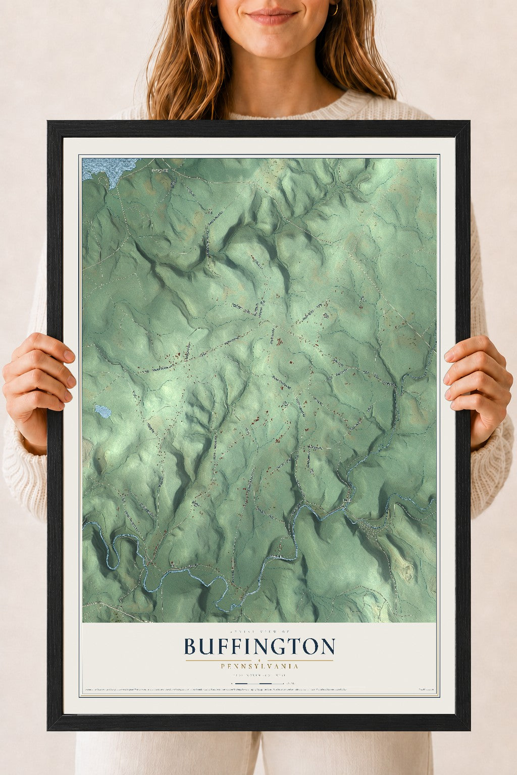 Map of Buffington, Pennsylvania, 18 x 24 inch print in a black wood frame
