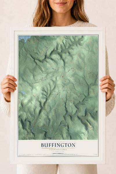 Map of Buffington, Pennsylvania, 18 x 24 inch print in a white wood frame