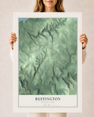 Map of Buffington, Pennsylvania, 24 x 36 inch print in a white wood frame