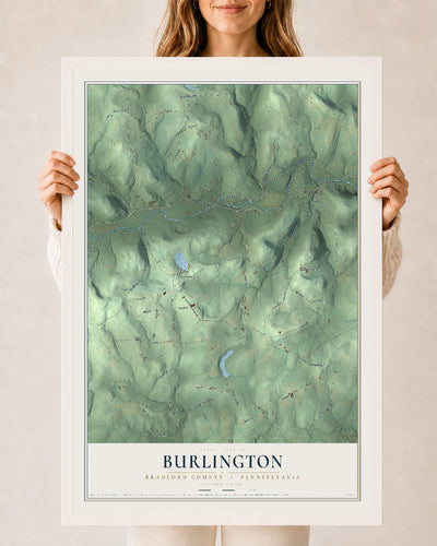 Map of Burlington, Bradford County, Pennsylvania, 24 x 36 inch print in a white wood frame
