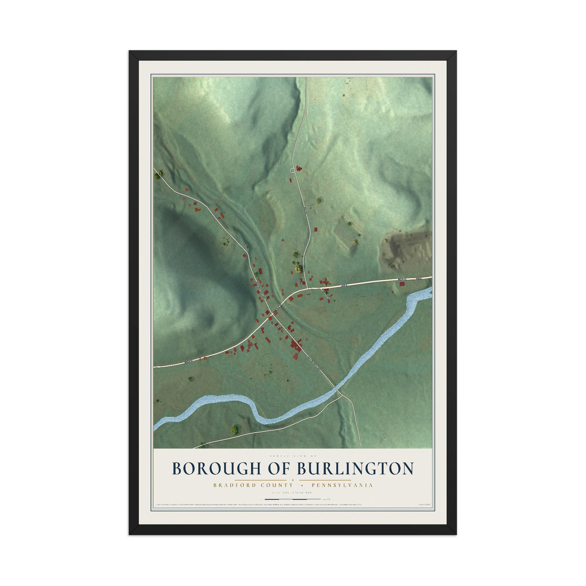 Map of the Borough of Burlington, Bradford County, Pennsylvania, 12 x 18 inch print in a black wood frame