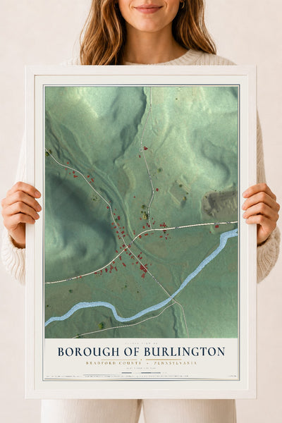 Map of the Borough of Burlington, Bradford County, Pennsylvania, 18 x 24 inch print in a white wood frame