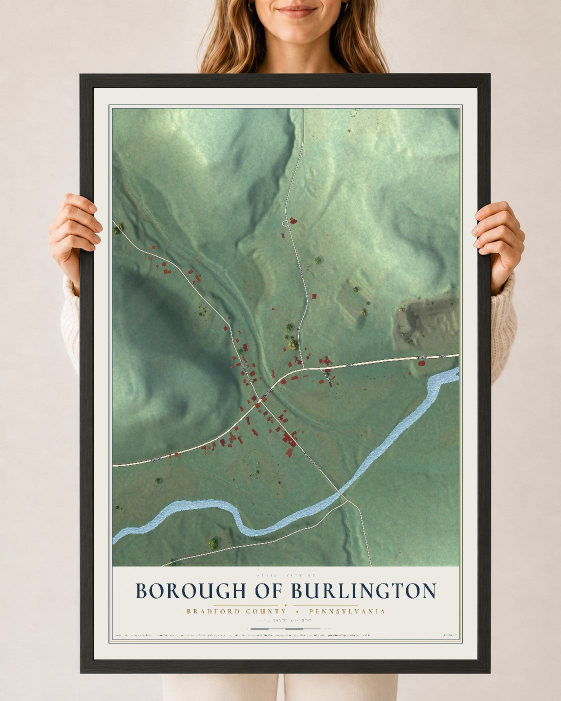Map of the Borough of Burlington, Bradford County, Pennsylvania, 24 x 36 inch print in a black wood frame