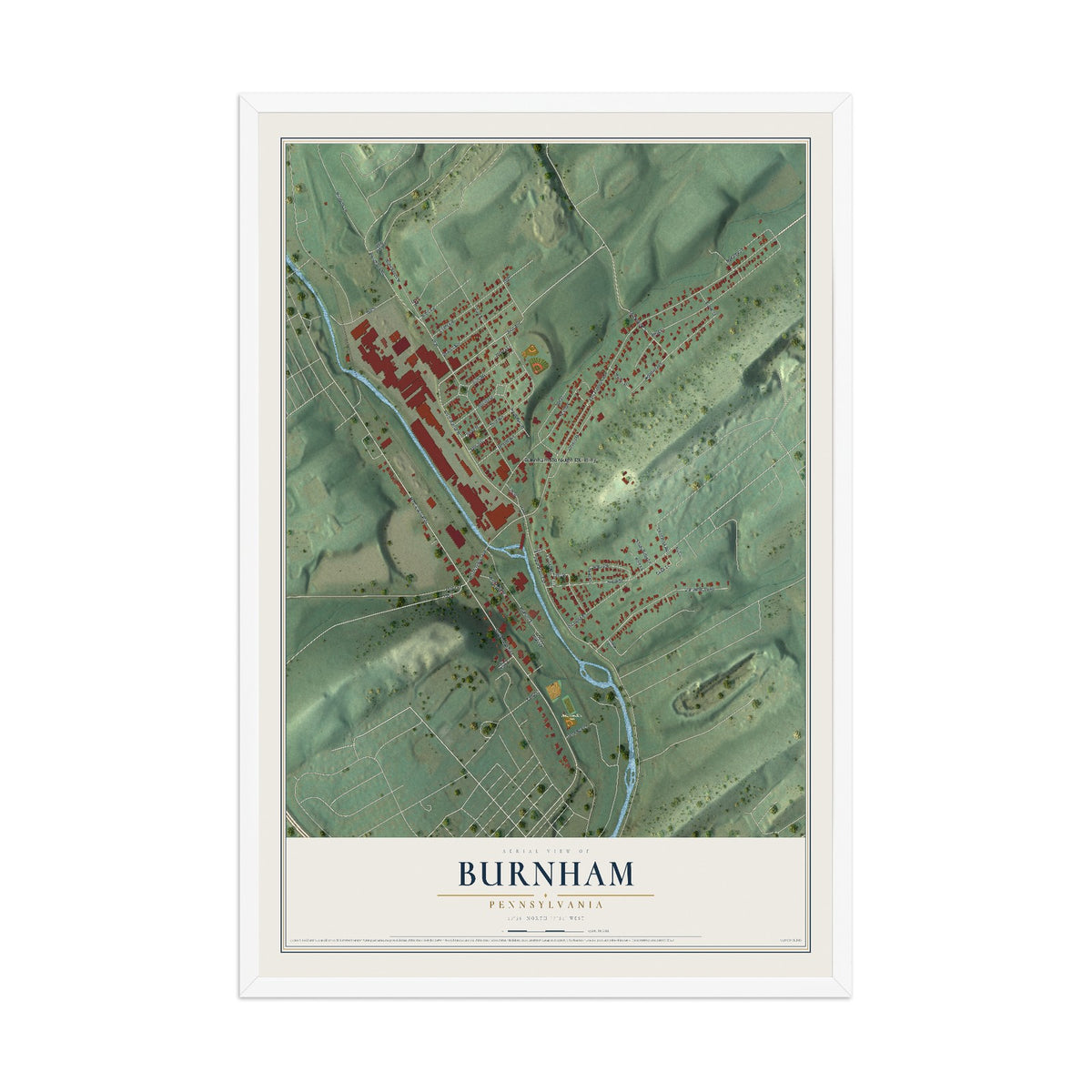 Map of Burnham, Pennsylvania, 12 x 18 inch print in a white wood frame