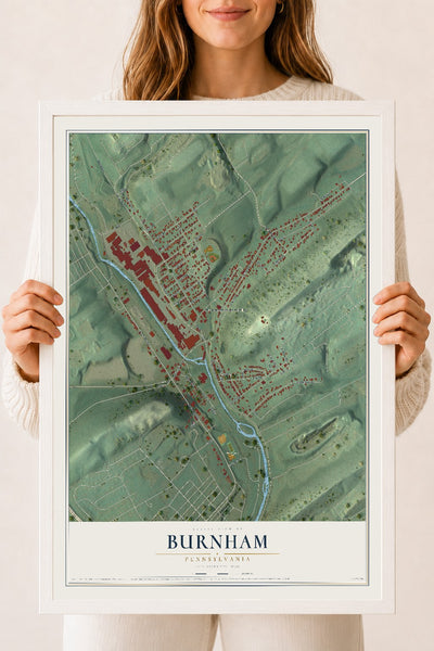 Map of Burnham, Pennsylvania, 18 x 24 inch print in a white wood frame