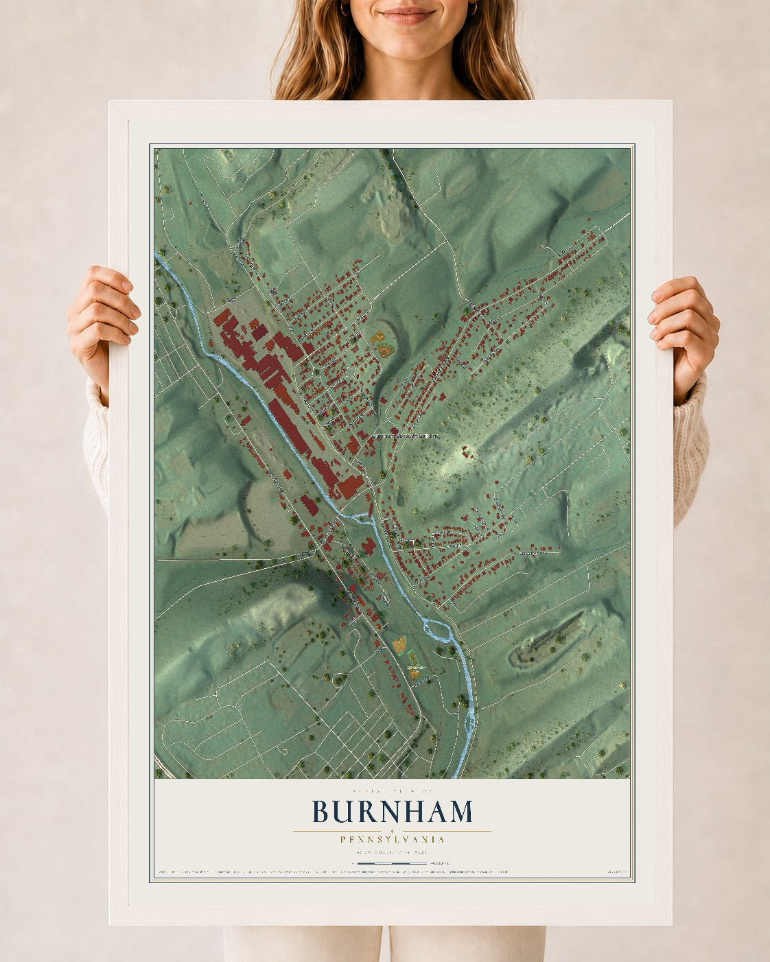 Map of Burnham, Pennsylvania, 24 x 36 inch print in a white wood frame