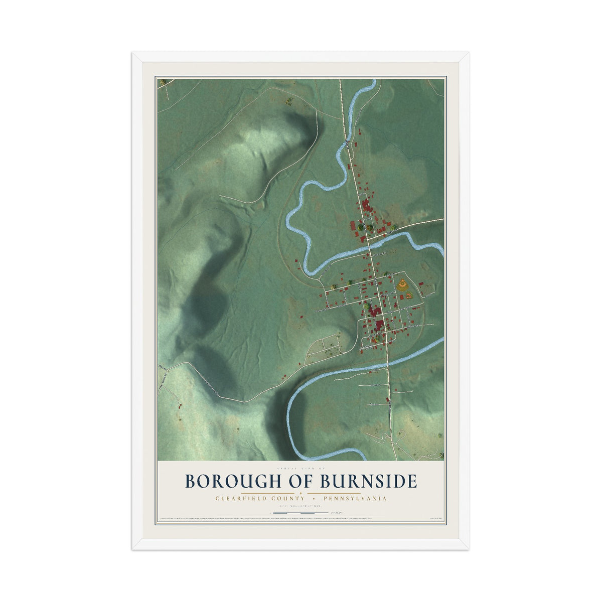 Map of the Borough of Burnside, Clearfield County, Pennsylvania, 12 x 18 inch print in a white wood frame