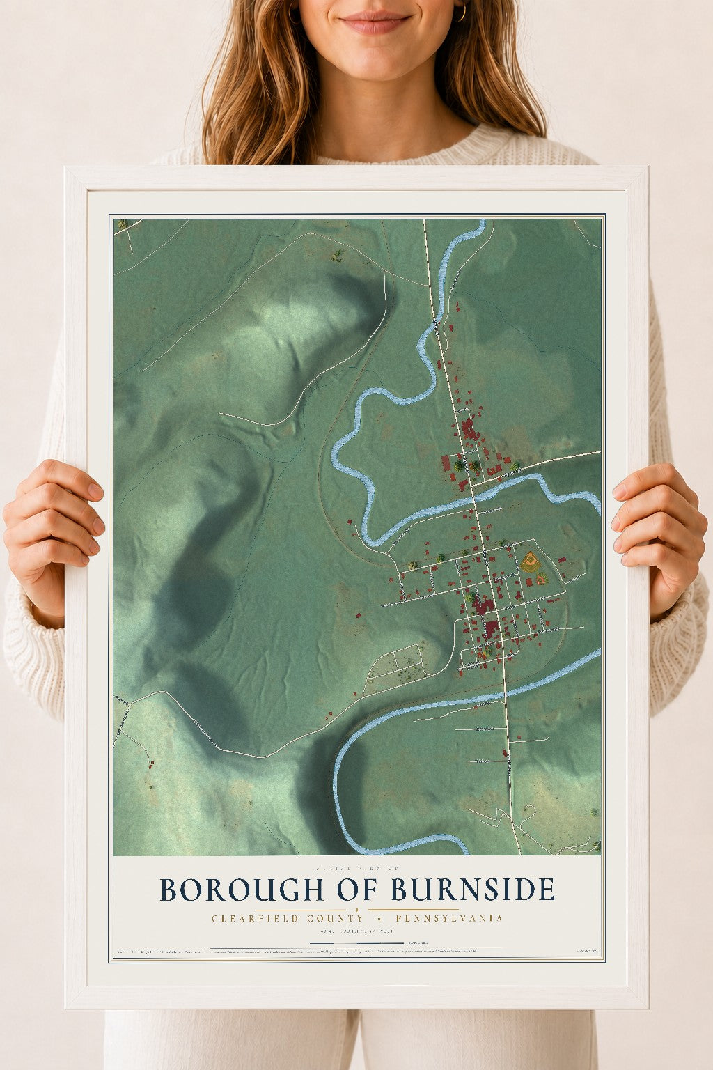 Map of the Borough of Burnside, Clearfield County, Pennsylvania, 18 x 24 inch print in a white wood frame