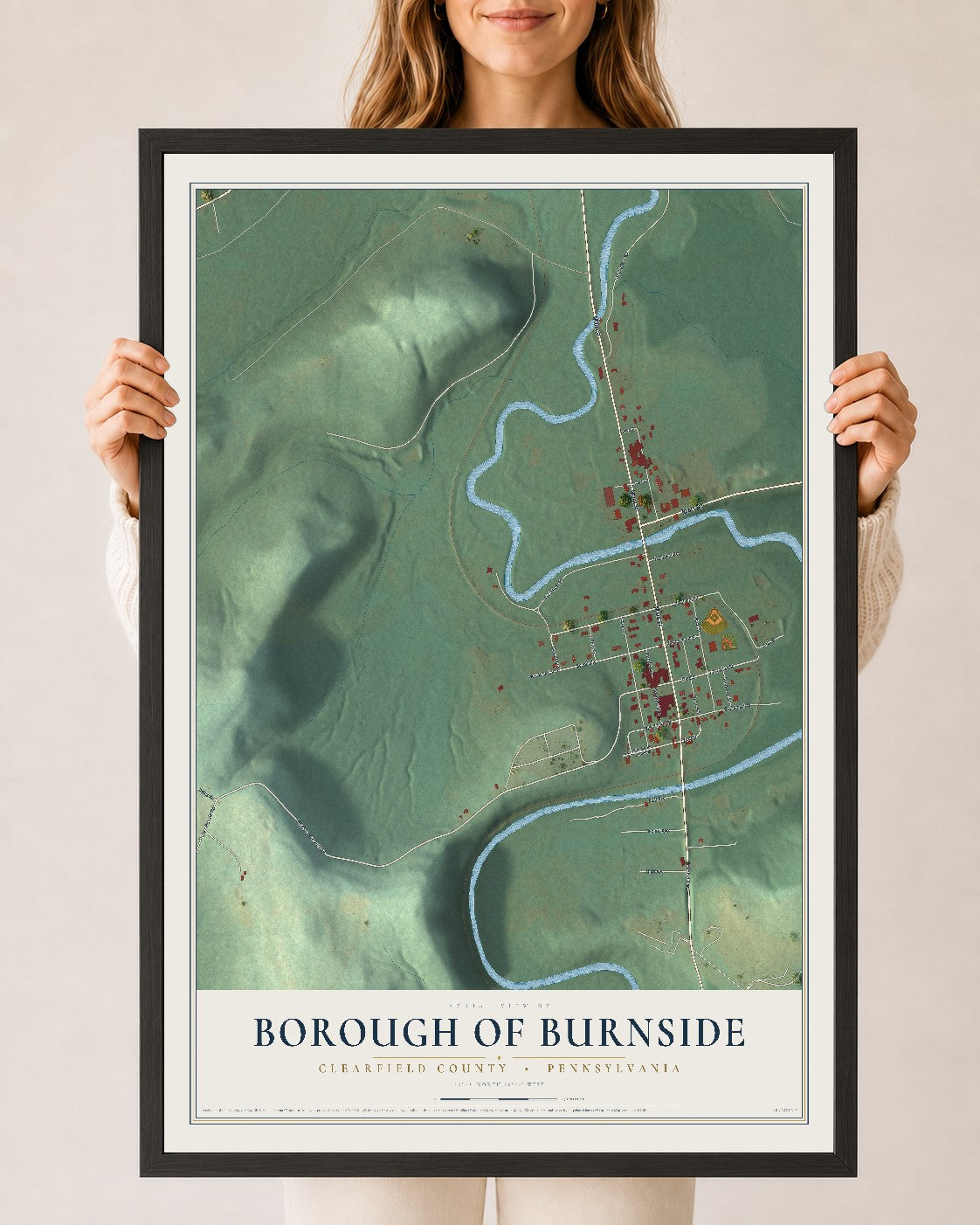 Map of the Borough of Burnside, Clearfield County, Pennsylvania, 24 x 36 inch print in a black wood frame