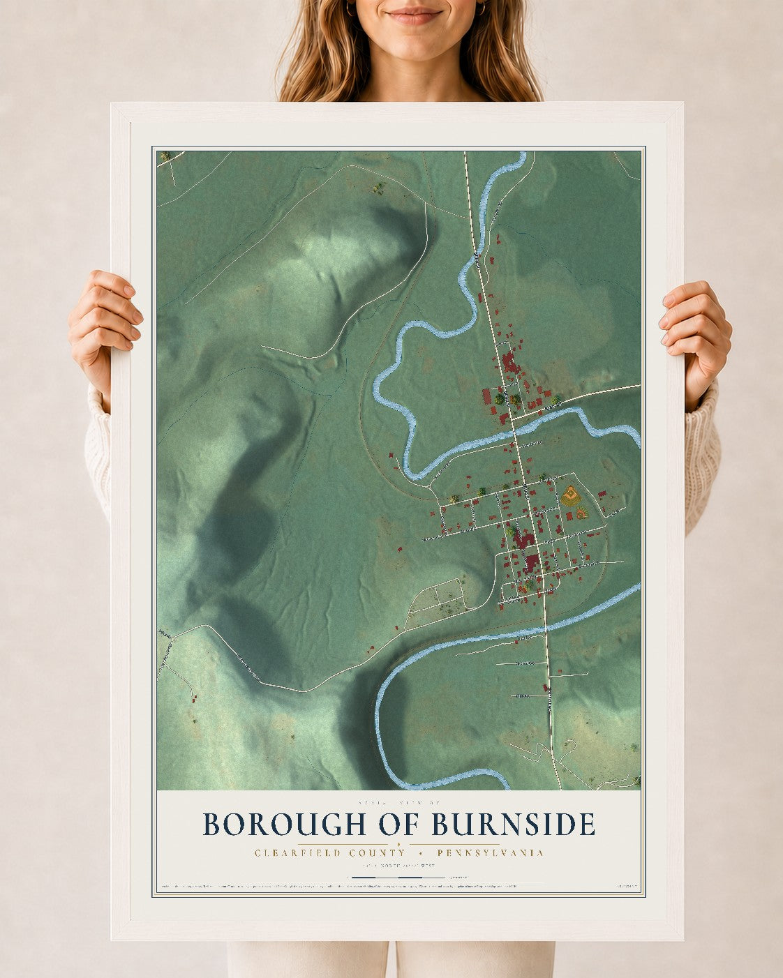 Map of the Borough of Burnside, Clearfield County, Pennsylvania, 24 x 36 inch print in a white wood frame