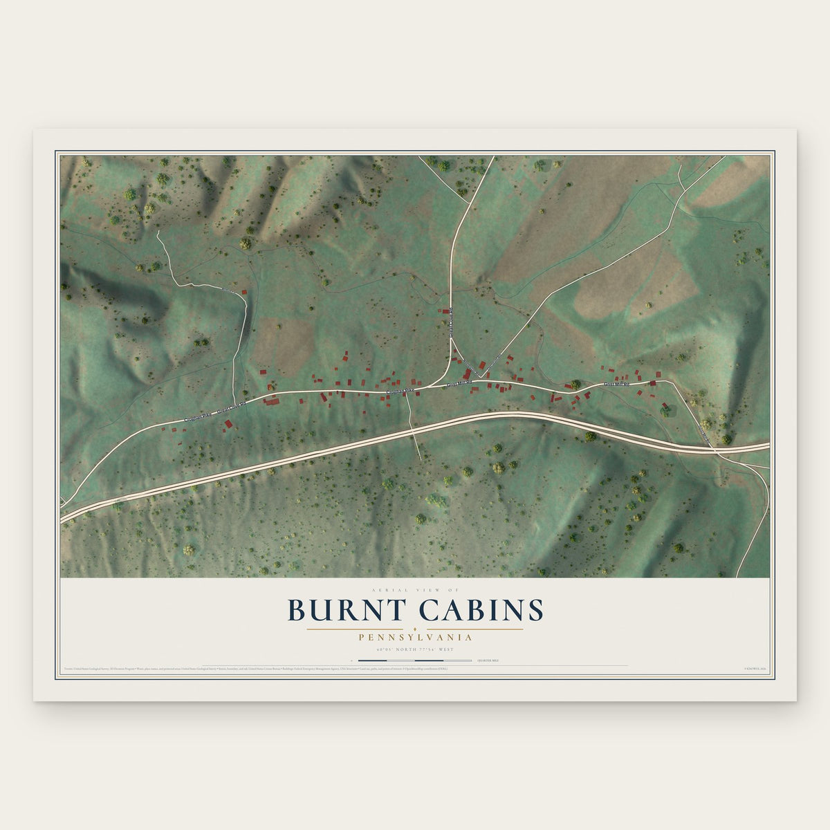 Burnt Cabins, Pennsylvania map print, the full design