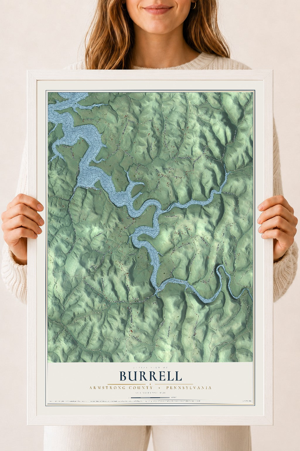 Map of Burrell, Armstrong County, Pennsylvania, 18 x 24 inch print in a white wood frame