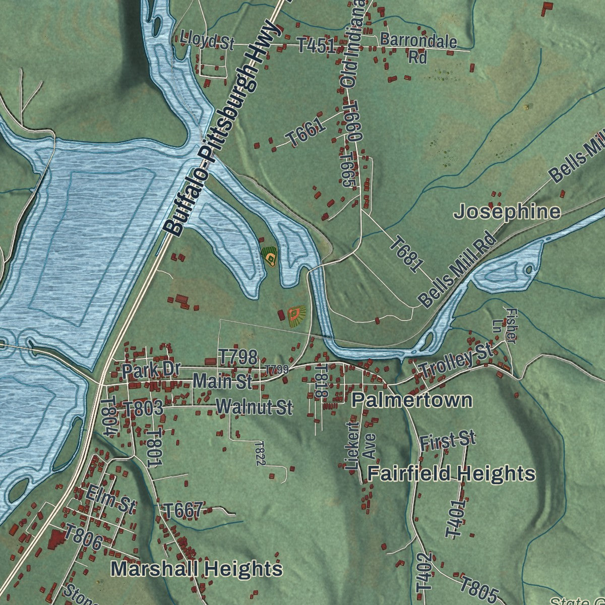 Second close-up of the map of Burrell, Indiana County, Pennsylvania print showing more streets and buildings