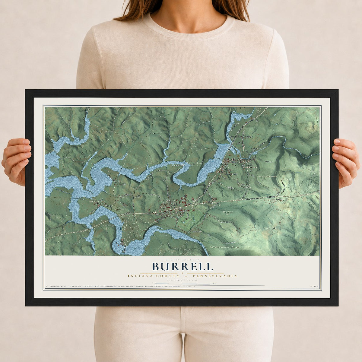 Map of Burrell, Indiana County, Pennsylvania, 12 x 18 inch print in a black wood frame