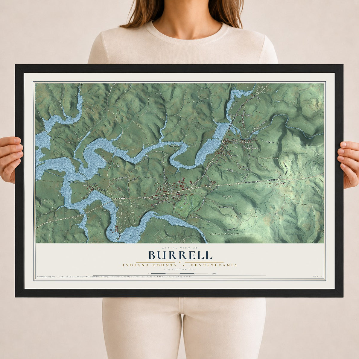 Map of Burrell, Indiana County, Pennsylvania, 18 x 24 inch print in a black wood frame