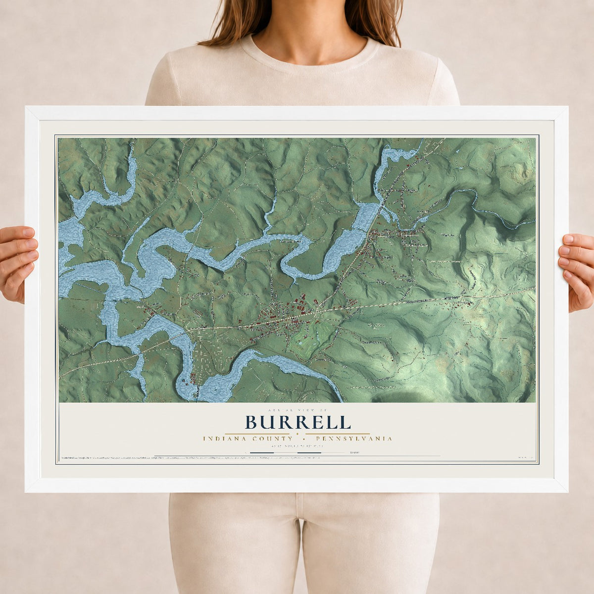 Map of Burrell, Indiana County, Pennsylvania, 18 x 24 inch print in a white wood frame