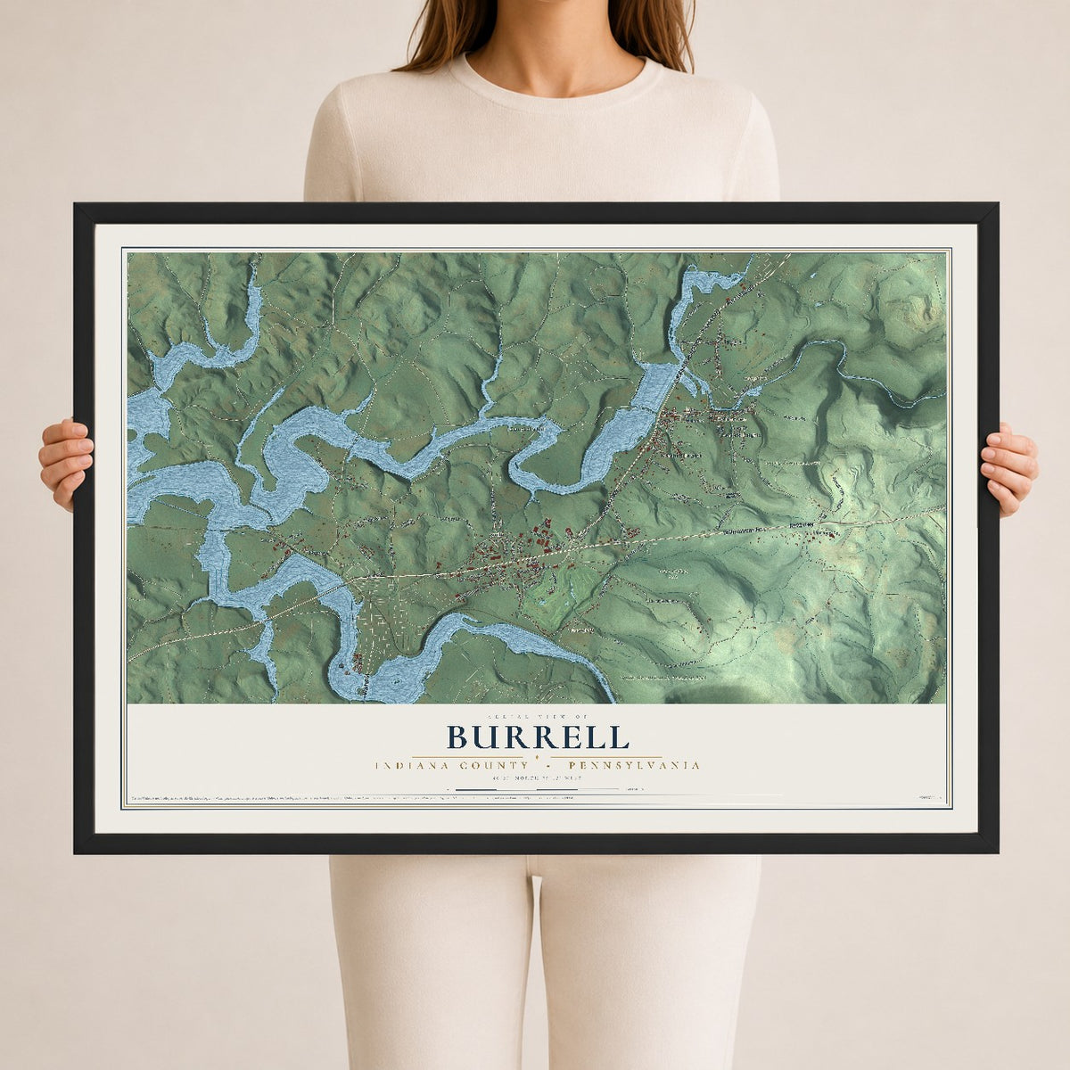 Map of Burrell, Indiana County, Pennsylvania, 24 x 36 inch print in a black wood frame