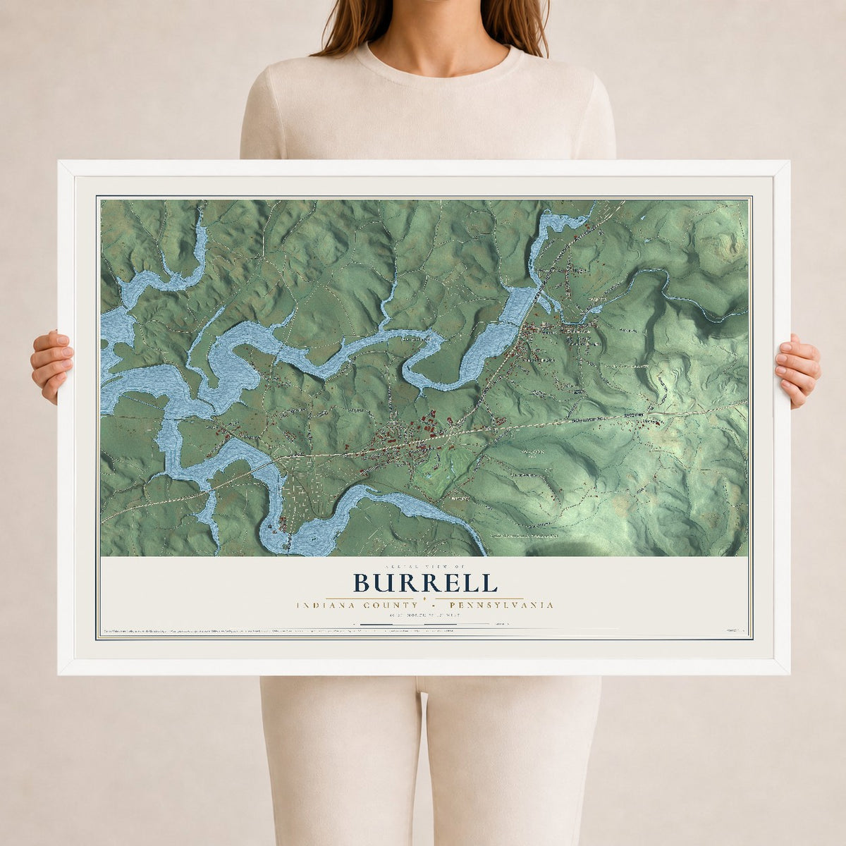 Map of Burrell, Indiana County, Pennsylvania, 24 x 36 inch print in a white wood frame