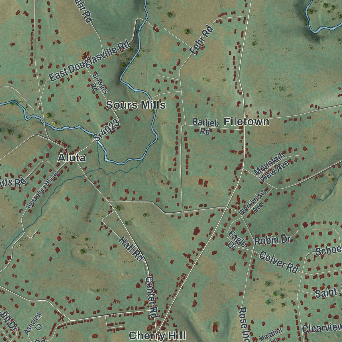 Close-up of the map of Bushkill, Pennsylvania print showing street and building detail