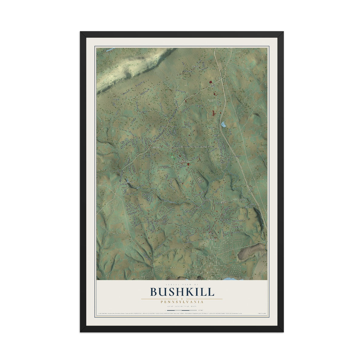 Map of Bushkill, Pennsylvania, 12 x 18 inch print in a black wood frame
