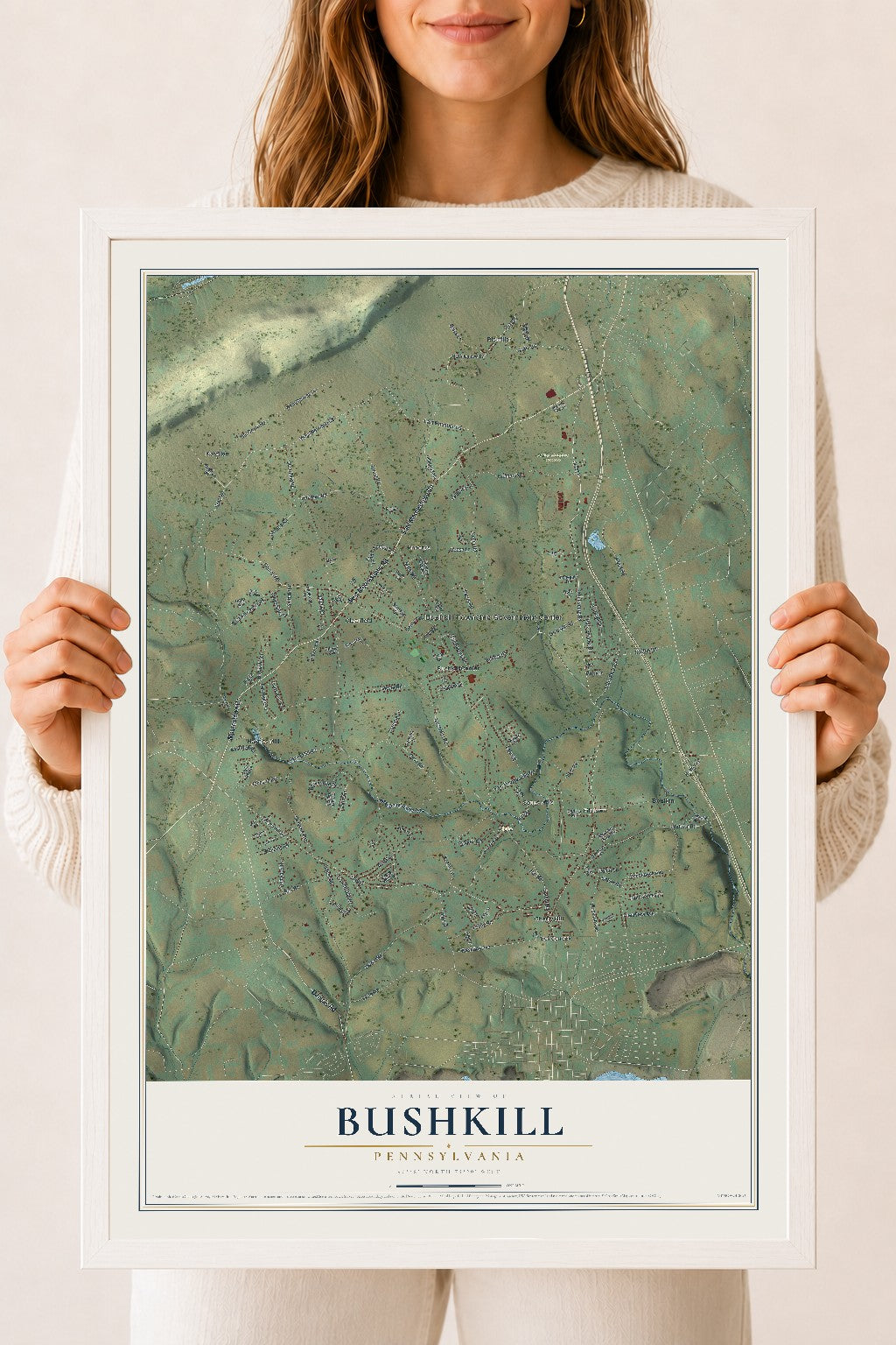Map of Bushkill, Pennsylvania, 18 x 24 inch print in a white wood frame