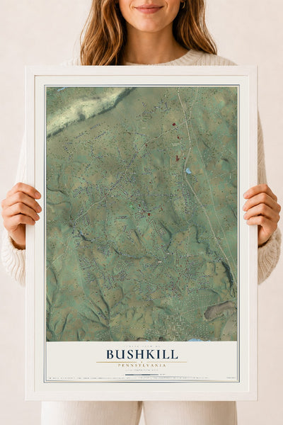 Map of Bushkill, Pennsylvania, 18 x 24 inch print in a white wood frame