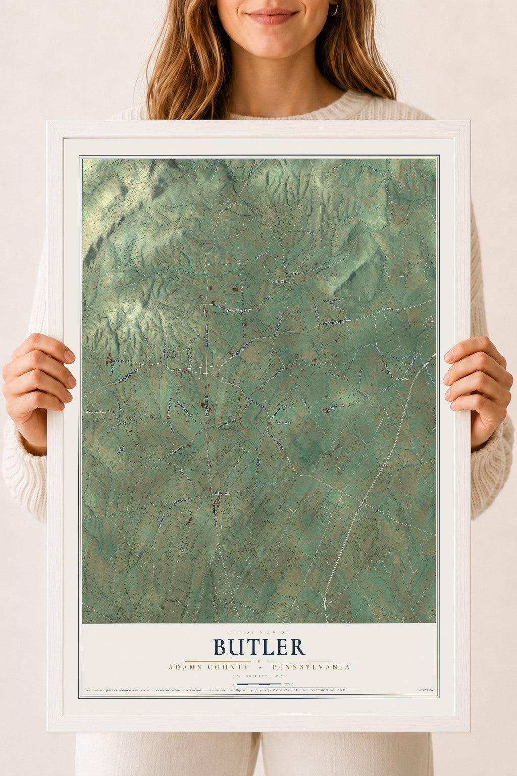 Map of Butler, Adams County, Pennsylvania, 18 x 24 inch print in a white wood frame