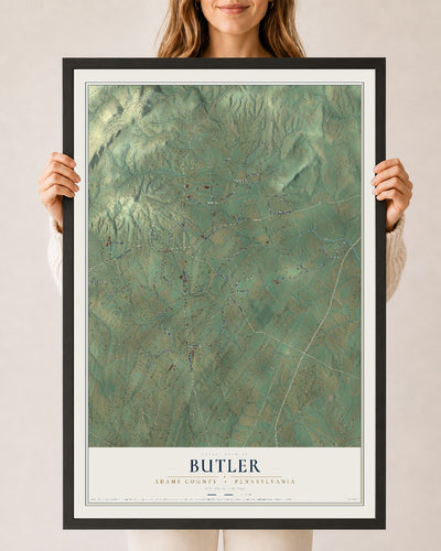 Map of Butler, Adams County, Pennsylvania, 24 x 36 inch print in a black wood frame
