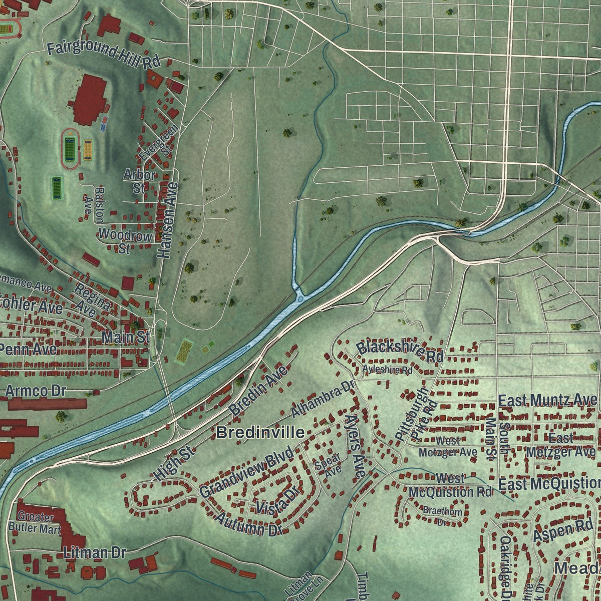 Second close-up of the map of Butler, Butler County, Pennsylvania print showing more streets and buildings