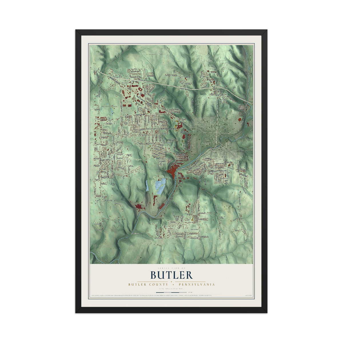 Map of Butler, Butler County, Pennsylvania, 12 x 18 inch print in a black wood frame