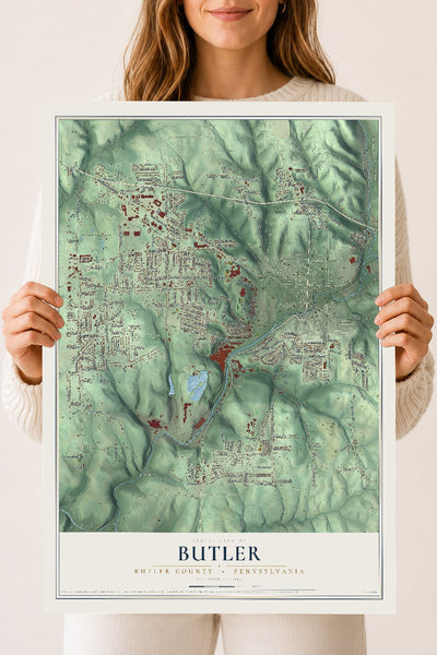Map of Butler, Butler County, Pennsylvania, 18 x 24 inch unframed archival matte print