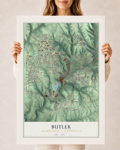Map of Butler, Butler County, Pennsylvania, 24 x 36 inch print in a white wood frame
