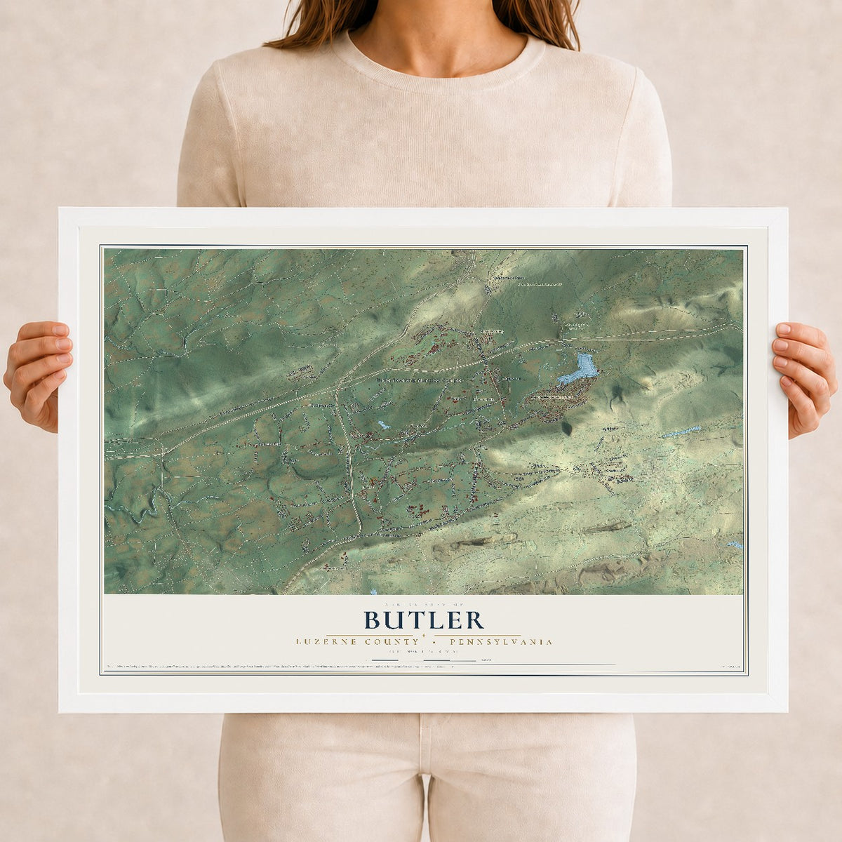 Map of Butler, Luzerne County, Pennsylvania, 12 x 18 inch print in a white wood frame