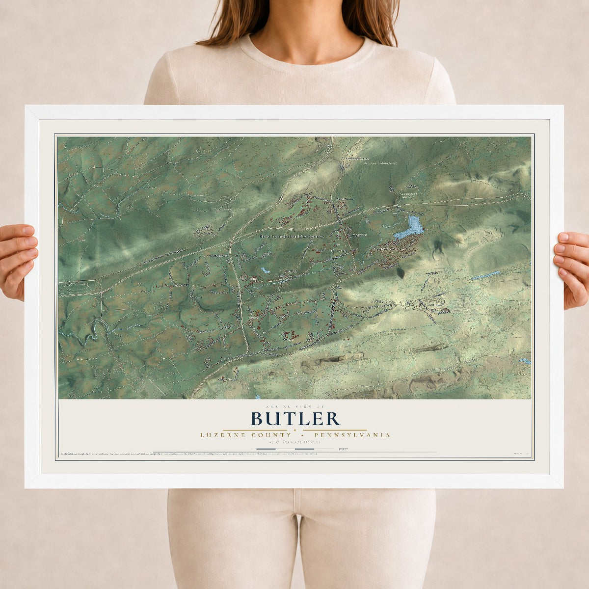 Map of Butler, Luzerne County, Pennsylvania, 18 x 24 inch print in a white wood frame