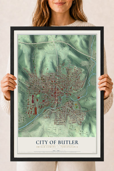 Map of the City of Butler, Butler County, Pennsylvania, 18 x 24 inch print in a black wood frame