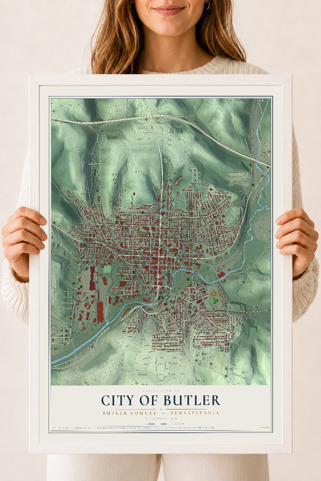 Map of the City of Butler, Butler County, Pennsylvania, 18 x 24 inch print in a white wood frame