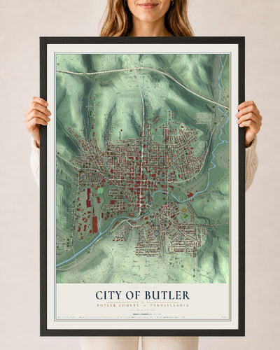 Map of the City of Butler, Butler County, Pennsylvania, 24 x 36 inch print in a black wood frame